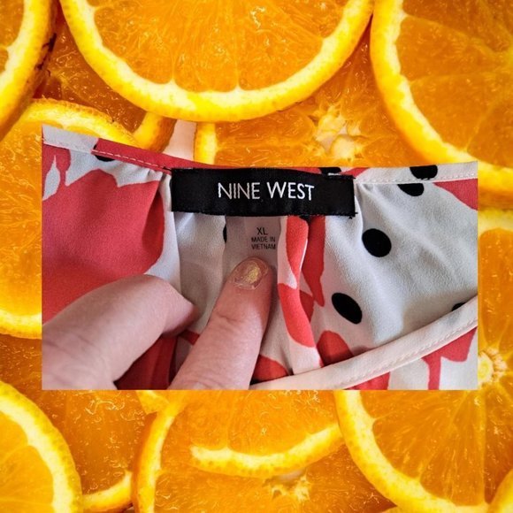 NINE West White with Red Plants and Block Dot Blouse XL - Picture 3 of 4